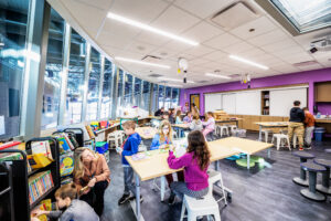 Spencer Loomis Elementary Learning Media Center (LMC) – Featuring the Innovation Lab. In this space, students are introduced to the STEAM curriculum.