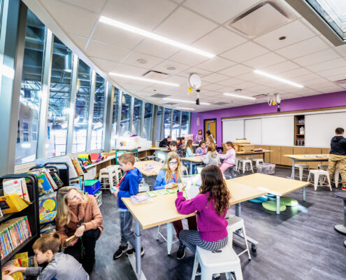 Spencer Loomis Elementary Learning Media Center (LMC) – Featuring the Innovation Lab. In this space, students are introduced to the STEAM curriculum.